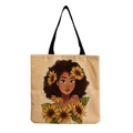 Close-up of artistic woman with sunflowers print on textured canvas tote bag fabric - Afro Lady Illustration-Sunflower Element