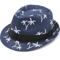 Navy blue straw fedora hat featuring white coconut tree prints and black ribbon band - M (56-58cm) / Blue with Palm Tree