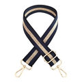 Close-up of adjustable navy blue shoulder strap with gold stripes and lobster clasps - Dark Blue