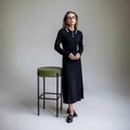 French style black knitted long sleeve Polo dress with white contrast collar and cuffs - S / Black