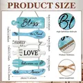 Coastal wooden kitchen wall sign with cutlery shapes and blessing text, 29cm width size chart - Blue