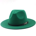 Detail of green wool fedora hat featuring black leather band and silver geometric buckle - M (56-58cm) / Grass Green