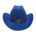 Royal blue felt cowboy hat with studded brown leather band and metallic gear buckle - One Size / Sapphire Blue