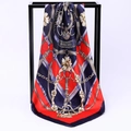 Classic equestrian print silk-like satin square scarf in red and navy blue finish - Belt Stirrup Red (SD90-05-4)