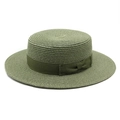 Detailed texture of flat top straw boater hat with matching olive green ribbon bow - Dark Green