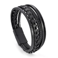 Multi-layer black leather braided bracelet for men with matte magnetic buckle closure - Black