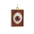 Detailed close-up of rectangular gold-plated evil eye pendant with brown enamel finish - 03-Rectangular Brown Eye Pendant