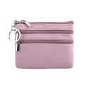 Genuine leather mini coin purse with three zippers and metal keychain in light purple color - Lavender