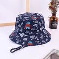 Dark blue children's bucket hat with cartoon monster print and windproof string - 42 Dark Blue Robots / 54cm