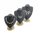 Three dark grey velvet bust necklace displays with round wooden bases for jewelry stores - Large (H 29.5cm) / Dark Gray Microfiber