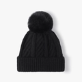 Women's black cable knit beanie with large faux fur pompom and ribbed cuff detail - One Size / Black