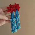 Handmade floral earrings with red fabric petals and vibrant blue beaded tassels detail - 17# Silver Needle-Red-Blue