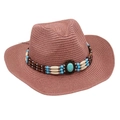 Detail of bohemian pink straw hat featuring turquoise beads and ethnic style metal decor - Dusty Pink