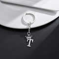 Silver stainless steel crown and letter T pendant keychain in a punk rock style - Letter T Crown Style (T)