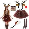 Brown reindeer costume set with antler headband, sequin tutu, tail and socks for girls - New Black Headband 6Pcs Set (Adult)