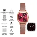 Women's rose gold square watch with a deep red dial, mesh band, and luminous hands - Rose Gold-Wine Red Mesh Band