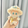 Labubu doll in beige and mint plush coat with bucket hat and yellow water bottle - Luck Hat + Brown Polka Dot Sweater + Yellow Water Bottle / First And Second Generation Keychains Are Compatible With La Cloth Dolls. Dolls Not Included.