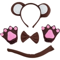 Brown bear plush headband and accessories set with gloves, bow tie and long tail - White Patch 4-Piece Set