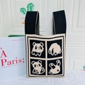 Knitted tote bag featuring panda and rabbit patterns in a black and white finish - Black Square Emoji Panda