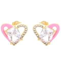 Detail of heart earrings with rectangular zircon, pink enamel edges and gold plating - Gold Pink