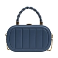 Dark blue oval hardshell clutch bag with vertical stitching and gold chain strap - Blue
