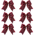 Set of 6 Christmas red and black buffalo plaid bows with white snowflake patterns - 6pcs Red Black Plaid Snowflake Bows