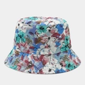 Detail of colorful watercolor floral print and reinforced stitching on a reversible bucket hat - Blue Pink Cyan Watercolor Floral Style (4#色)