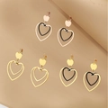 Boucles d'oreilles pendantes double cœur en acier titane avec finitions or et or rose - Forme de Coeur Double Couche (KE87660-KFC)
