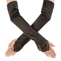 Elegante schwarze lange Opernhandschuhe mit Spitze und Perlenbestickung für Gala-Partys - Schwarze Spitze Fingerlos