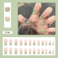 Detail of long ballerina press-on nails with bow rhinestones and green French tips - Z346 Diamond Butterfly (Glue Style)