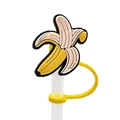 Cute yellow banana shaped silicone straw cover cap with flexible attachment loop - Peeled Banana-1704-49