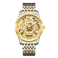 Waterproof skeleton quartz watch with two-tone stainless steel strap and date display - 9-Bead Two-Tone Strap Skeleton Gold Dial
