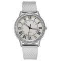 Elegant ladies quartz watch with Roman numerals, crystal bezel and silver mesh band - Silver