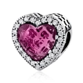 Herz-Charm aus versilbertem Kupfer mit rosa Stein und klaren Zirkonia-Kristallen - Herzförmiger Rosa Edelstein / Rosa