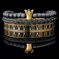 Men's crown beaded bracelets set with Roman numeral black and gold metal bangles - Black Gold Crown Roman Bangle Enamel