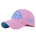 Detail of pink baseball cap with blue 3D embroidery and Push Me text on side - Adjustable / Pink