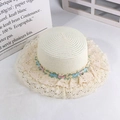 Straw sun hat in cream beige with white lace trim and colorful floral embroidery details - Three-Color Lace Straw Hat Milk White