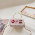 Pink tweed kids crossbody bag with pearl handle and cherry charms in a sweet style - Pink Small Floral