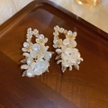 Elegant long floral earrings with white pearls and gold trim in a detailed view - White Butterfly Flower (14#)
