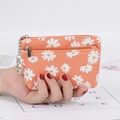 Orange daisy flower coin purse with double zipper and silver metal keychain ring - Orange