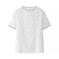 Women's short sleeve hollow floral lace knit top with round neck and black trim - S / White
