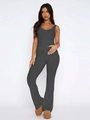 Women's dark grey two-piece set with a button sleeveless top and ribbed flare pants - Dark Gray