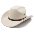 Detail of western cowboy hat with brown leather band and metal ventilation eyelets - M(56-58cm) / Beige