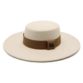Flat top wide brim wool felt boater hat in beige with coffee ribbon and metal M logo - M (56-58cm) / Beige