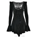Detail of black long-sleeve dress featuring elegant ruffles and V-neck tie closure - S / Black