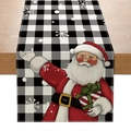 Christmas table runner with Santa Claus illustration on black and white buffalo check pattern - Black and White Plaid Santa Claus (ZQ27-5)