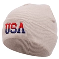 Détail de la broderie USA sur un bonnet en maille côtelée beige avec lettres bicolores - M (56-58cm) / Khaki