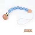 Silicone and beech wood baby pacifier clip in sky blue color 96# with nylon cord - Style 96 Ethnic Pattern Navy