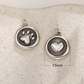 Antique silver round charms with heart and paw print design on beige sand, 13mm size - Double-Sided Antique Silver Paw