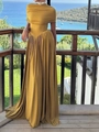 Elegant mustard yellow off-shoulder pleated maxi dress with slim fit for formal events - S / Camel